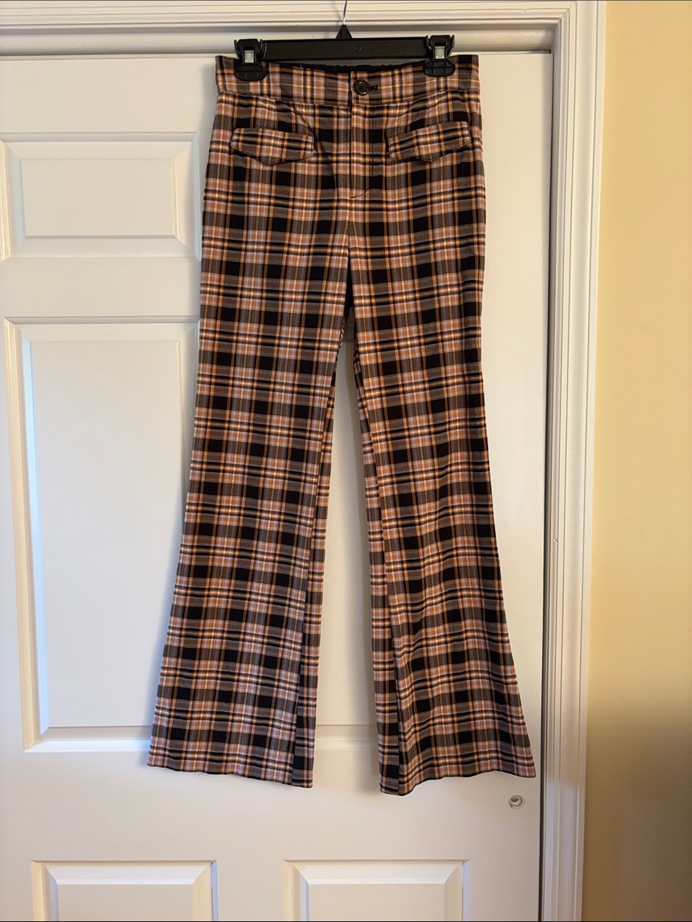 Maeve Anthropologie Plaid Boot-Cut Pants in Orange & Black